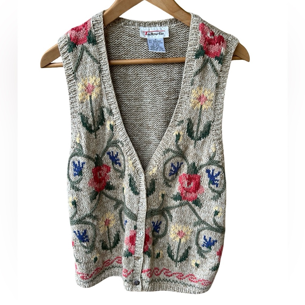 Vintage 90’s Talbots Cream Rami Cotton Floral Vest - Picture 5 of 8